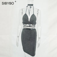 Sibybo Sexy Sparkly Bandage Bodycon Dresses 2018 Halter Deep V Neck Lace Up Crop Top Two Piece Set Summer Party Dresses Vestidos - Hobbyvillage