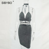 Sibybo Sexy Sparkly Bandage Bodycon Dresses 2018 Halter Deep V Neck Lace Up Crop Top Two Piece Set Summer Party Dresses Vestidos - Hobbyvillage