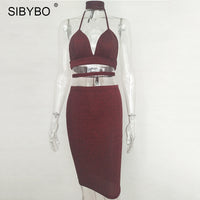 Sibybo Sexy Sparkly Bandage Bodycon Dresses 2018 Halter Deep V Neck Lace Up Crop Top Two Piece Set Summer Party Dresses Vestidos - Hobbyvillage