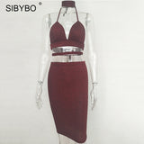 Sibybo Sexy Sparkly Bandage Bodycon Dresses 2018 Halter Deep V Neck Lace Up Crop Top Two Piece Set Summer Party Dresses Vestidos - Hobbyvillage