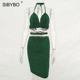 Sibybo Sexy Sparkly Bandage Bodycon Dresses 2018 Halter Deep V Neck Lace Up Crop Top Two Piece Set Summer Party Dresses Vestidos - Hobbyvillage