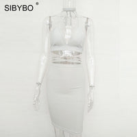 Sibybo Sexy Sparkly Bandage Bodycon Dresses 2018 Halter Deep V Neck Lace Up Crop Top Two Piece Set Summer Party Dresses Vestidos - Hobbyvillage