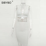 Sibybo Sexy Sparkly Bandage Bodycon Dresses 2018 Halter Deep V Neck Lace Up Crop Top Two Piece Set Summer Party Dresses Vestidos - Hobbyvillage
