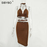 Sibybo Sexy Sparkly Bandage Bodycon Dresses 2018 Halter Deep V Neck Lace Up Crop Top Two Piece Set Summer Party Dresses Vestidos - Hobbyvillage