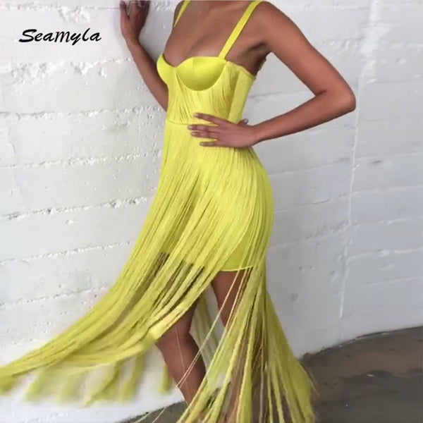 Seamyla 2018 New Fashion Fringe Dress Women Tassel Bodycon Bandage Dresses Sexy Summer Yellow Black Celebrity Party Long Dress - Hobbyvillage