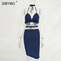 Sibybo Sexy Sparkly Bandage Bodycon Dresses 2018 Halter Deep V Neck Lace Up Crop Top Two Piece Set Summer Party Dresses Vestidos - Hobbyvillage