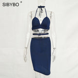 Sibybo Sexy Sparkly Bandage Bodycon Dresses 2018 Halter Deep V Neck Lace Up Crop Top Two Piece Set Summer Party Dresses Vestidos - Hobbyvillage