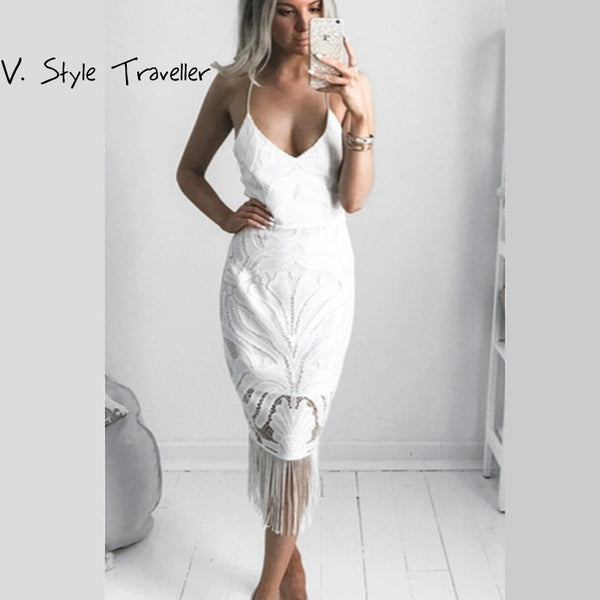 Red Lace Up Fringes Sexy Dress Women Midi Bodycon White Casual vestido de festa Female Halter Boho Formal Little Black Dresses - Hobbyvillage