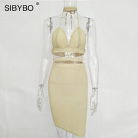 Sibybo Sexy Sparkly Bandage Bodycon Dresses 2018 Halter Deep V Neck Lace Up Crop Top Two Piece Set Summer Party Dresses Vestidos - Hobbyvillage