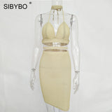 Sibybo Sexy Sparkly Bandage Bodycon Dresses 2018 Halter Deep V Neck Lace Up Crop Top Two Piece Set Summer Party Dresses Vestidos - Hobbyvillage