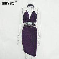 Sibybo Sexy Sparkly Bandage Bodycon Dresses 2018 Halter Deep V Neck Lace Up Crop Top Two Piece Set Summer Party Dresses Vestidos - Hobbyvillage