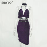 Sibybo Sexy Sparkly Bandage Bodycon Dresses 2018 Halter Deep V Neck Lace Up Crop Top Two Piece Set Summer Party Dresses Vestidos - Hobbyvillage