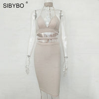 Sibybo Sexy Sparkly Bandage Bodycon Dresses 2018 Halter Deep V Neck Lace Up Crop Top Two Piece Set Summer Party Dresses Vestidos - Hobbyvillage