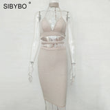 Sibybo Sexy Sparkly Bandage Bodycon Dresses 2018 Halter Deep V Neck Lace Up Crop Top Two Piece Set Summer Party Dresses Vestidos - Hobbyvillage