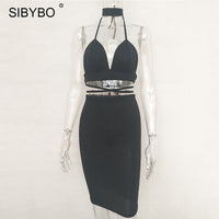 Sibybo Sexy Sparkly Bandage Bodycon Dresses 2018 Halter Deep V Neck Lace Up Crop Top Two Piece Set Summer Party Dresses Vestidos - Hobbyvillage