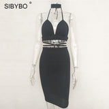 Sibybo Sexy Sparkly Bandage Bodycon Dresses 2018 Halter Deep V Neck Lace Up Crop Top Two Piece Set Summer Party Dresses Vestidos - Hobbyvillage