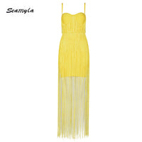 Seamyla 2018 New Fashion Fringe Dress Women Tassel Bodycon Bandage Dresses Sexy Summer Yellow Black Celebrity Party Long Dress - Hobbyvillage