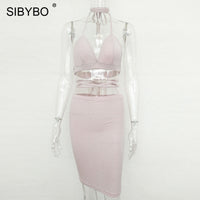 Sibybo Sexy Sparkly Bandage Bodycon Dresses 2018 Halter Deep V Neck Lace Up Crop Top Two Piece Set Summer Party Dresses Vestidos - Hobbyvillage