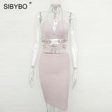Sibybo Sexy Sparkly Bandage Bodycon Dresses 2018 Halter Deep V Neck Lace Up Crop Top Two Piece Set Summer Party Dresses Vestidos - Hobbyvillage