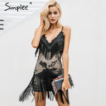 Simplee Halter sequined black lace dress Women sexy v neck mini dress Fringe tassels bodycon dress christmas party vestidos - Hobbyvillage