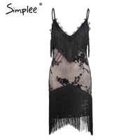 Simplee Halter sequined black lace dress Women sexy v neck mini dress Fringe tassels bodycon dress christmas party vestidos - Hobbyvillage