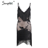 Simplee Halter sequined black lace dress Women sexy v neck mini dress Fringe tassels bodycon dress christmas party vestidos - Hobbyvillage