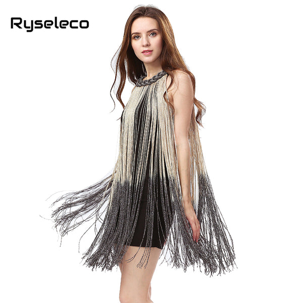 Lady Tank Ombre Draping Costume Metal Chain Neck Gradient Tassel Dresses Women Clothing 1920s Flapper Swing Fringe Mini Vestido - Hobbyvillage