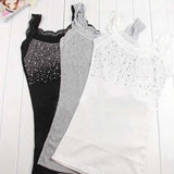 Women Sexy Rhinestone Lace Stunning Based Sleeveless Vest Tank Top Tee T-Shirt Black White Gray Camisole Cami Shirt Slim - Hobbyvillage