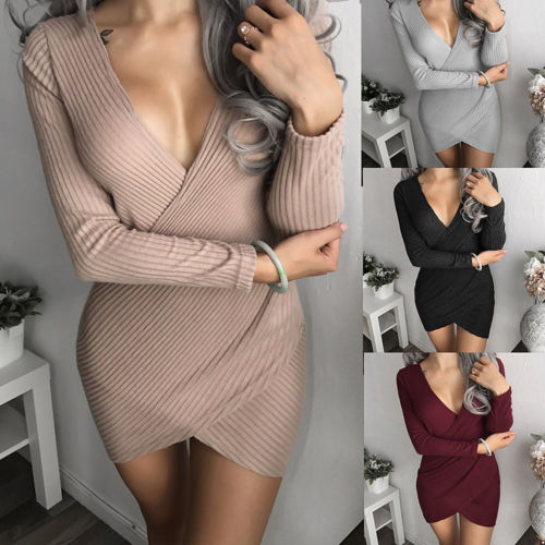 2017 New Sexy Women Long Sleeve V-neck Bodycon Club Wear Party Mini Dress Woman Clothes - Hobbyvillage