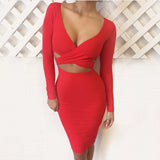 Forefair Sexy Criss Cross Bodycon Dress Women Spring Long Sleeve Night Club Wear Bandage Party Dresses Black Red Blue Vestido - Hobbyvillage