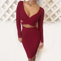 Forefair Sexy Criss Cross Bodycon Dress Women Spring Long Sleeve Night Club Wear Bandage Party Dresses Black Red Blue Vestido - Hobbyvillage