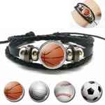 Basketball Charm Leather Bracelet Men Fashion Black weave leather Bracelet Basketball Football Baseball Jewelry Men Gifts - Hobbyvillage