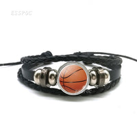 Basketball Charm Leather Bracelet Men Fashion Black weave leather Bracelet Basketball Football Baseball Jewelry Men Gifts - Hobbyvillage