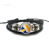 Basketball Charm Leather Bracelet Men Fashion Black weave leather Bracelet Basketball Football Baseball Jewelry Men Gifts - Hobbyvillage